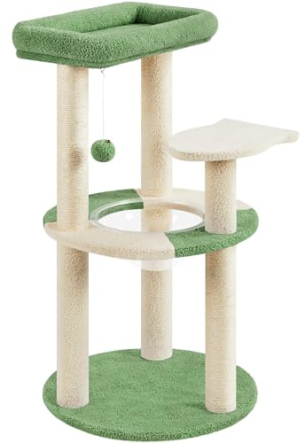 Abician Arbre à Chat Hauteur de 90cm Vert/Beige Design Océan Tour pour Chat Chaton en Sisal Panier Ronde Transparent Balle Suspendue avec Perchoir Poisson Niche Griffoirs Poteaux