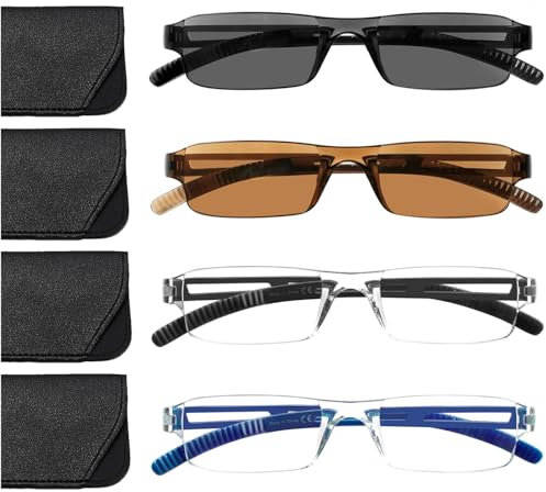 Hubeye 4er-Pack Rahmenlose Lesebrille für Damen Herren Sonnen Lesebrille Leicht und Bequem Anti Blaulicht Lesehilfe mit Brillenholster 2.00