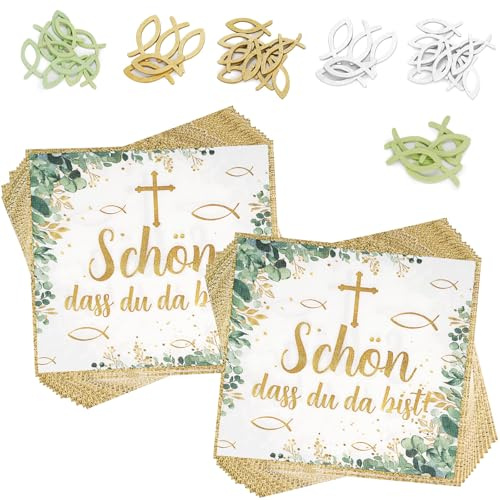 RiuCrepian 40 Stück Servietten Schön Dass du da Bist,Deko Taufe und 45 Stück Fischdekoration aus Holz,Servietten Eukalyptus für Geburtstag,Taufe,Hochzeit,Kommunion,Konfirmation Mädchen Junge 33 x 33cm