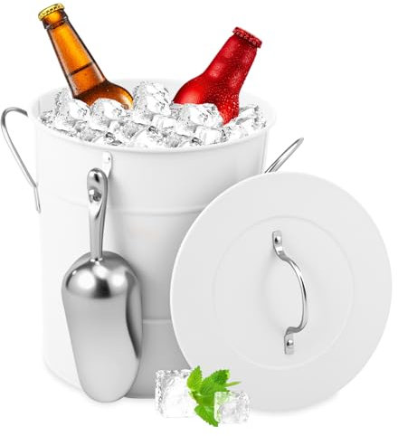Eiseimer mit Griff 3,5L Doppelwand Isoliert ICE Behälter Behälter Mülleimer Metall Vereisungswürfel mit Schaufeln für Biergetränke Bar Partys(Weiß)