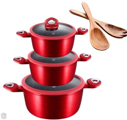 CECARO GROUP – Set 3 Pentole Antiaderenti Rosse con Coperchi (Ø 20, 24, 28 cm) | Tris Casseruole con Coperchio per Tutti i Piani Cottura, Induzione Inclusa – Totale 6 Pezzi