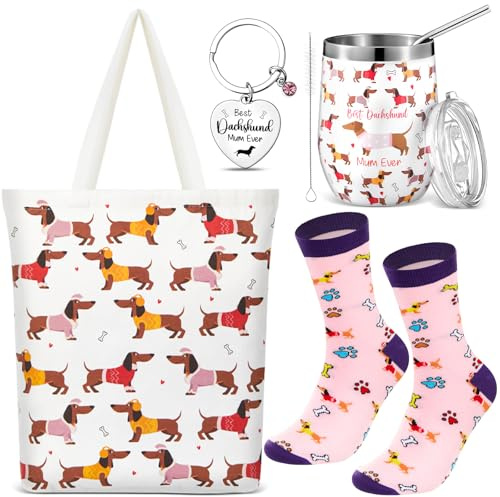 Geiserailie Dachshund Lover Gifts Set Best Dachshund Mum Ever Sausage Dog Gifts for Women Includes Socks Canvas Tote Bag Keychain and Wine Tumbler, Birthday, Graduation, Thanksgiving, Christmas