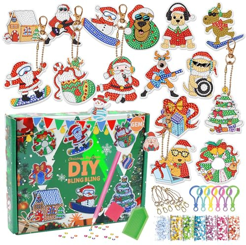 CAYUDEN Christmas Diamond Art Keyring Making Kit, 15pcs 5D Gem Arts and Crafts Kits for Kids, Make Your Own Keyrings DIY Gem Craft Set Christmas Decorations, Cute Keychain for Adults Christmas Gifts
