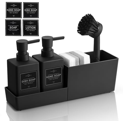 Dispenser Sapone Cucina Lavello con Porta Spugna Brush 2 Dispensers Sponges | AJEUNGAIN Ricaricabile Dispenser Detersivo Piatti Nero per Bagno, Salvaspazio Organizer Lavello Cucina con Dispenser