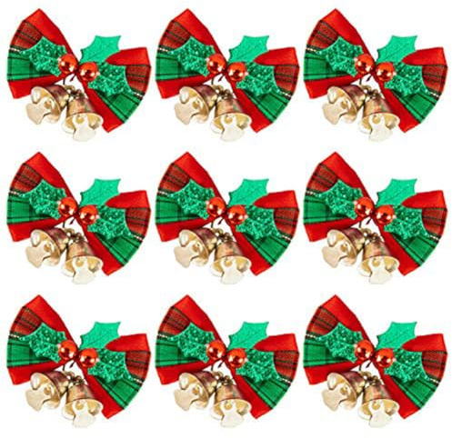 FACAIIO Juego de adornos de lazos para árbol de Navidad, mini lazos de tela de poliéster rojo y verde con campanas y bayas para decoraciones navideñas, coronas y decoración de fiestas, 4,5 x 4 cm, 1