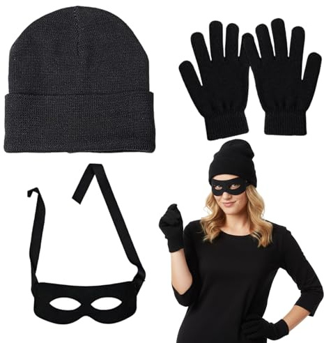 YyiFcg Panzerknacker kostüm，3-teiliges Set mit Hut, Augenmaske und Handschuhen,Räuber Kostüm, Bankräuber Kostüm, Perfekt für Karneval, Mottopartys und Verkleidungen