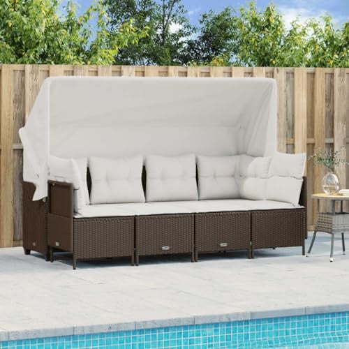 Bucmath 5-TLG. Garten-Sofagarnitur, Braun Poly Rattan Lounge-Set mit ausziehbarem Sonnendach, bequemen Kissen für Terrasse, Balkon, Außenbereich