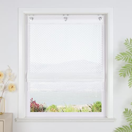 SCHOAL Raffrollo ohne Bohren Transparente Raffgardine mit Ösen Landhaus Rollo mit Blumen 1 Stück BxH 100x140 cm Weiß