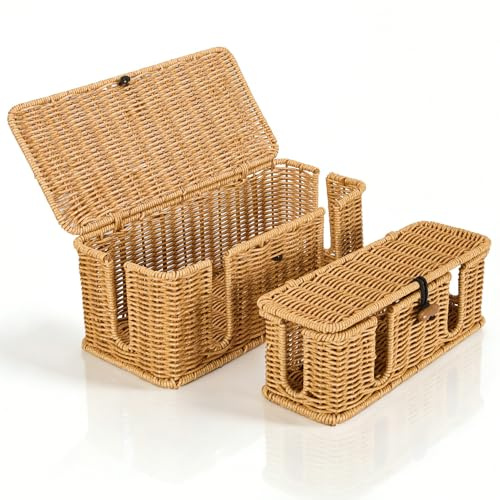 BORDRISE Cable Management Box, 2 Pack Handmade Imitation Rattan Cable Tidy Box with 4 Exits and Cover, Wire Box Hider Cord Organizer Box for Computer TV Wires Router USB Hub and Power Strip