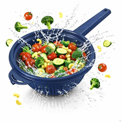 Stielsieb Kunststoff Stielseiher Nudelsieb mit Griff Küchensieb Abtropfsieb Sieb Plastik Handsieb Seiher Blanchiersieb Küchenhelfer Abseiher Salatsieb Passiersieb Spitzsieb stapelbar 40 cm blau