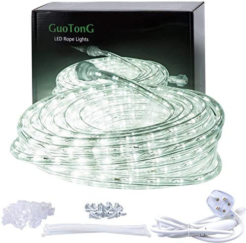 GuoTonG 52.5ft/16m Plugin Rope Lights,576Daylight White LEDs,220V, 2 Wires, Waterproof, Connectable, Power Plug Built-in Fuse Design, Indoor/Outdoor Use, Ideal for Backyards, Decorative Lighting