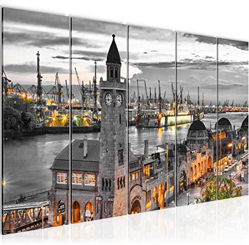 Runa Art Wandbild XXL Hamburg Wohnzimmer Schlafzimmer 200 x 80 cm Grau 5 Teilig - Made in Germany - 603055b