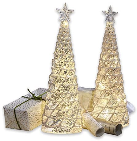 Loberon Deko-Baum 2er Set Glitter, mit Bauernsilber, inkl. warmweiße LEDs, Wohn-Accessoire,Weihnachtsbeleuchtung, Weihnachtsdekoration, Weihnachten, Glas, Silber/klar