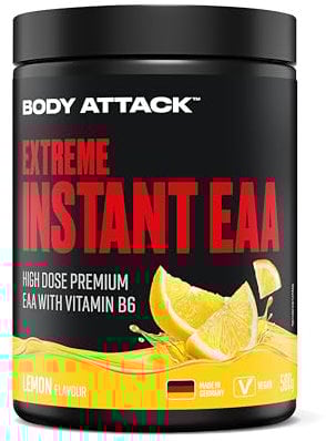 Body Attack Extreme Instant EAA Pulver - Lemon, 500 g - Vegan, Made in Germany - 8 essentielle EAA Aminosäuren für eine Protein reiche Ernährung & intensives Training - Ideale 2:1:1 Ratio