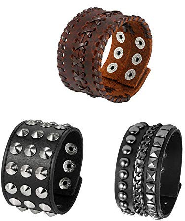 Aroncent 3PCS Leder Breit Armband Hip Hop Armreifen, Verstellbar Geflochten Punk Rock Armkette Retro Wickelarmband Nieten Surferarmband Herren