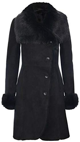 Infinity Leather Damen Warm Schwarz Suede Merino Shearling Schaffell Mantel mit Toscana Kragen L