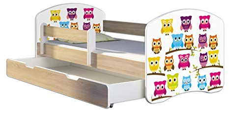 ACMA Kinderbett 160x80 Jugendbett mit Einer Schublade und Matratze, Farbe Sonoma mit Rausfallschutz Lattenrost II Spielbett Kinderzimmer Möbel, 31 Eule