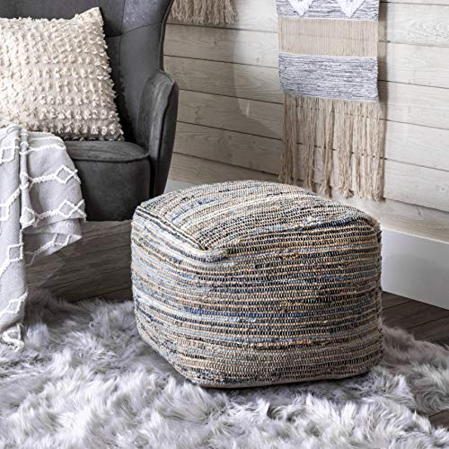 nuLOOM Granada Knitted Casual Denim and Jute Ottoman Pouf