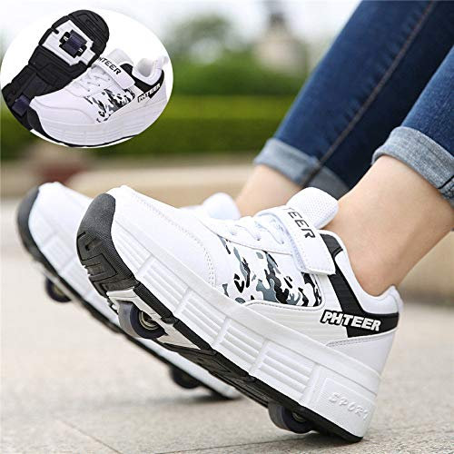 NNN Sportschuhe Skateboard Outdoor Gymnastik Turnschuhe Jungen Mädchen Freizeitschuh Schuhe Mit Rollen Drucktaste Einstellbare Skateboardschuhe Für Kinder Mädchen Junge Erwachsene,White1-42…