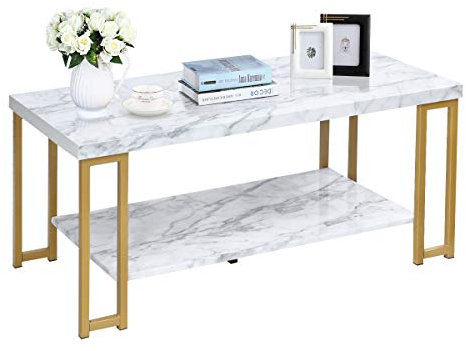 COSTWAY Couchtisch Marmor Optik, Beistelltisch mit Ablage, Gold Sofatisch, Modern Kaffeetisch Wohnzimmertisch (Rechteckig 100x49,5x45cm)
