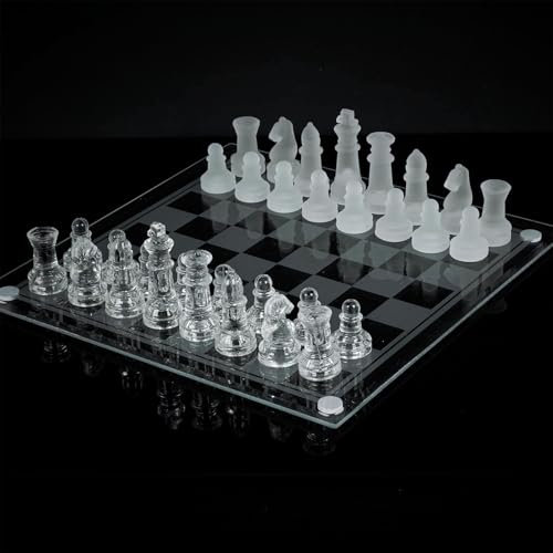 VR7 Juego de ajedrez de cristal con parte inferior acolchada, juego de ajedrez de vidrio esmerilado y transparente para adultos, juego de mesa de lujo para 2 jugadores, juego de ajedrez de cristal