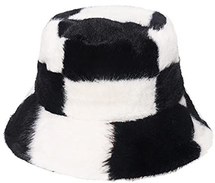 PURFANREE Damen Soft Faux Fur Bucket Hat Fluffy Winter Warmer Fisherman Cap, kariert, Einheitsgröße