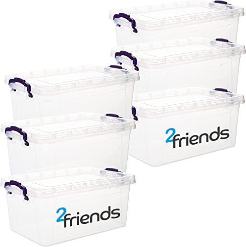 Aufbewahrungsbox mit Deckel, 6 Stück Aufbewahrungsboxen, 22 Liter Boxen Aufbewahrung, Plastikbox mit Deckel, Transparent Kisten Aufbewahrung mit Deckel und lila Griffen, Model: Amira, Made in EU