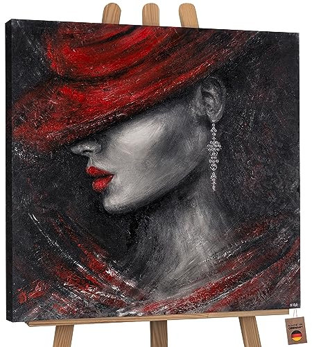 YS-Art Abstrakt Acryl Gemälde auf Leinwand Stil handgemalt Wandbild Wohnzimmer modern Wohndekor Bild grau rot verführerische Frau mit Hut echte Kunst 90x90 cm