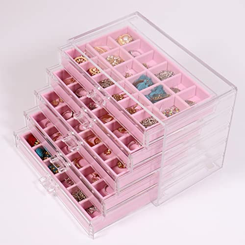 Nwvuop Clear Acrylic Jewellery Box Jewellery Organiser with 5 Drawers for Women Jewelry Storage Box for Rings Earrings Necklaces, Pink