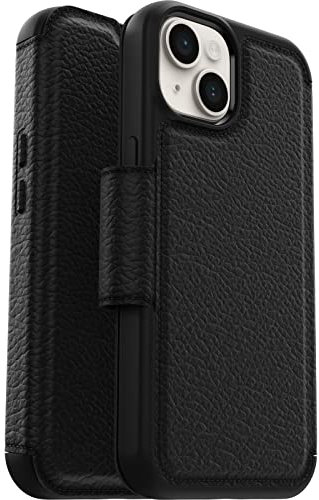 OtterBox Strada Case for iPhone 16e, iPhone 14, Shockproof, Drop proof, Premium Leather Protective Folio with Two Card Holders, 3x Tested to Military Standard, Black