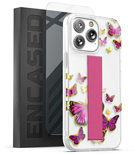 Encased Bando Series Designed for iPhone 14 PRO MAX Case with Hand Strap Loop and Screen Protector (Clear/Pink Butterfly)