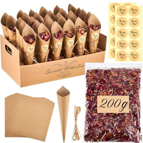 Patelai Set di Scatole per Coni Petali e Bouquet 30 Portacoriandoli per Matrimonio Vassoio Portaconfetti in Cartone Include Petali Secchi da 200g Corda Adesivi per 27-30 Ospiti (Colore Carta Kraft)