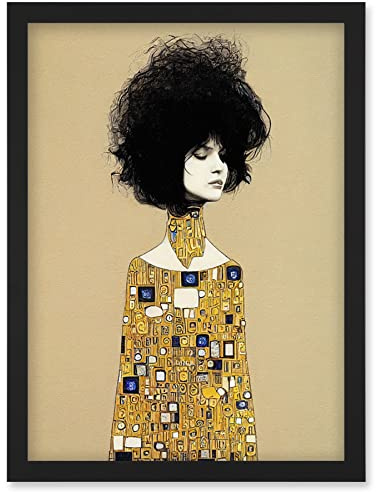 Wee Blue Coo Klimt Style Retro Boho Afro Hair Abstract Gold Dress Artwork Framed Wall Art Print A4