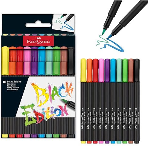 Faber-Castell 116451 Black Edition Brush Pen Set mit 10 leuchtenden Farben, Filzstifte für Erwachsene, Brush Pens zum Ausmalen und Schreiben, abwaschbare Tinte
