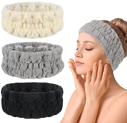 VIVOTE Mikrofaser Kosmetik Stirnband, Spa Gesicht Stirnband für Schminken und Waschen Gesicht, Yoga und Sport Haarschutz Kopftuch für Mädchen, waschbar 3 Stück (Cremeweiß, Hellgrau, Schwarz)