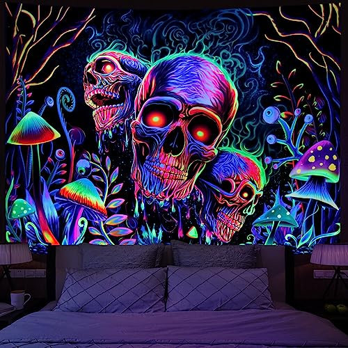 Amonercvita Schwarzlicht-Totenkopf-Tapisserie, Trippy-Skelett-Wandteppich, UV-reaktiv, Neonpflanzen, Bäume, Wandteppich, ästhetischer Galaxie-, Weltraum-Tapisserie, Wandbehang für Schlafzimmer,