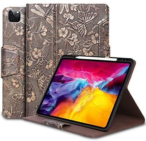Gexmil Custodia per iPad Pro 11 Pollici,4a/3a/2a/1a Generazione(2022/2021/2020/2018) Cover in Pelle Vera con Supporta la Ricarica di Pencil,Auto Svegliati/Sonno,con Fibbia,Butterfly Pattern
