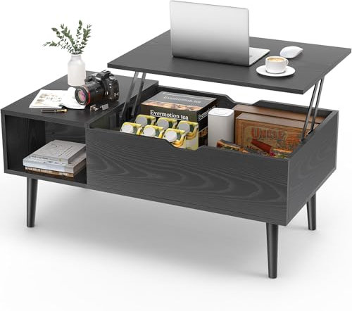 Sweetcrispy Holz für Wohnzimmer mit Ablagefach und verstecktem Fach, Couchtisch, Holzwerkstoff, Schwarze Textur, 19.7 D x 39.37 W x 17.4 H