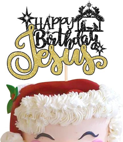 1 Stück Happy Birthday Jesus Tortendeko Glitzer Frohe Weihnachten Krippe Jesus Geburtstag Kuchen Deko für Krippe Thema Weihnachten Jesus Geburtstag Party Kuchen Dekorationen Schwarz Gold