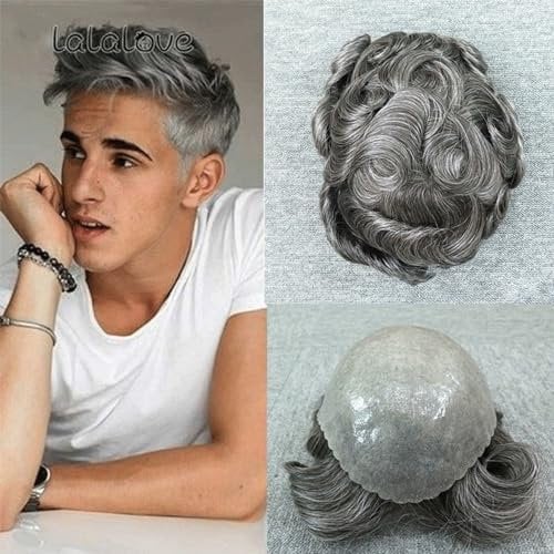 Men's Toupee - Human Hair Replacement Wig, 25x20 cm, Full PU Skin, Grey Hairpieces, 80% Grey Hair