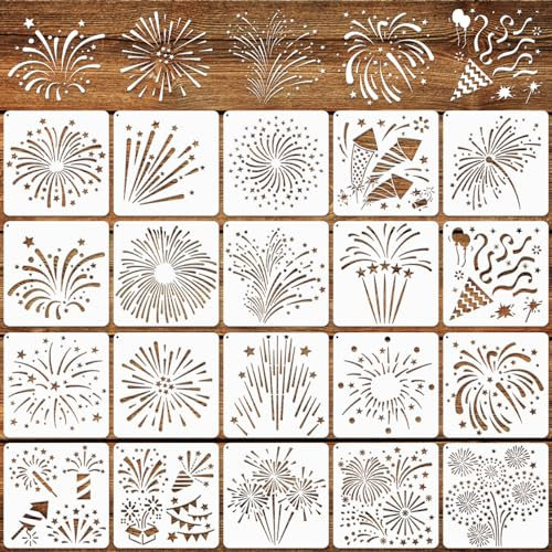 MWOOT 20 Stück Feuerwerks Schablone Stencils,Malerei Schablonen Set,Painting Stencils Malerei Vorlage Zubehör Wiederverwendbare Zeichenschablone für DIY Kartenbasteln Wand Heim Dekor(15x15CM)