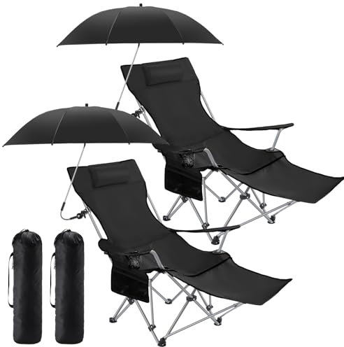 Seeloowy Juego de 2 sillas de camping con sombrilla, silla de camping reclinable con reposapiés, sombrilla ajustable con abrazadera, SPF 50+, silla plegable de malla para acampar al aire libre (negro,