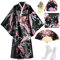 PLULON 5 pièces Robe kimono japonaise Geisha Yukata Robe de bain en Satin fleur de paon avec accessoires pour femmes