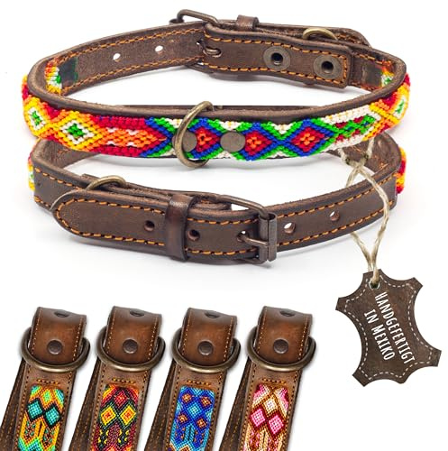 ALTEZAR Lederhalsband Hund - Doppelt Tribal Bestickt Farbenrausch Braun - Hundehalsband handgemacht in Mexiko - Dornschnalle 5-Fach verstellbar - Größe XS Halsumfang 23-29 cm - für sehr kleine Hunde