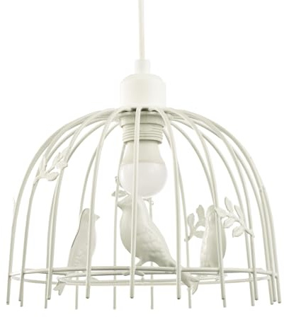 Birdcage Pendant Lighting Shade in White Gloss Metal with 3D Birds and Leaves - Shabby Chic Style | 25cm x 16xm | for Bedroom Dining Room Lounge etc by Happy Homewares