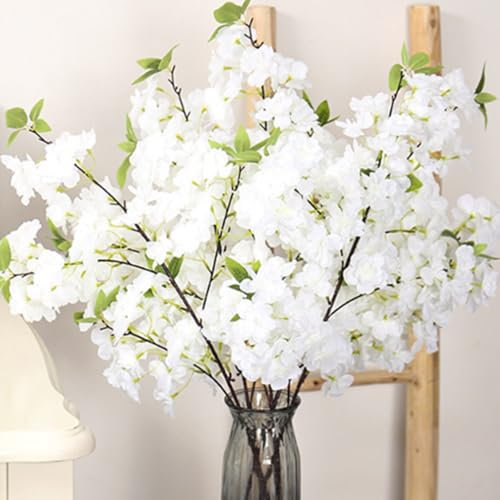 Ramas de cerezo artificiales de 39 pulgadas, 3 piezas de arreglos de flores falsas para bodas, oficinas, fiestas, mesas, decoración del hogar (blanco)