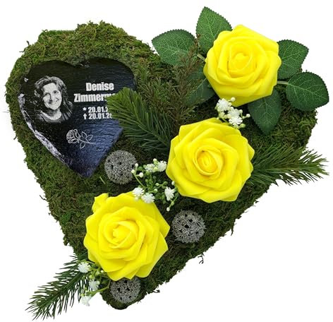 Grabgesteck Grab Gesteck Grabschmuck Grabaufleger Moosherz mit Schieferherz und personalisierter Gravur (Rosen GELB)