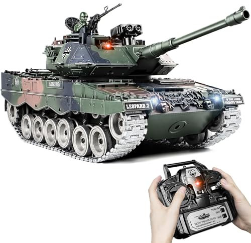 Supdex 1:18 RC Panzer Leopard II, 2.4GHz Panzer Ferngesteuert mit Schussfunktion, WW2 Militär, Ferngesteuertes Militärfahrzeug mit Metallketten, Rauch, Licht, Sound, für Kinder Erwachsene