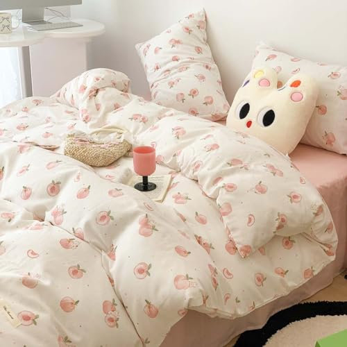Nyescasa Bettwäsche 135x200 Weiß Rosa Pfirsich Muster Mädchen Kinder Kawaii Bettbezug Weich Mikrofaser Pink Peach Bettwäsche Set mit Reißverschluss und Kissenbezug 80x80cm