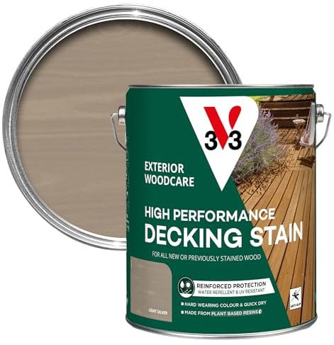 V33 High Performance Decking Stain - Long-Lasting Weather Protection - UV-Resistant - Anti-Slip - Biosourced Formula - Light Silver 5 litres